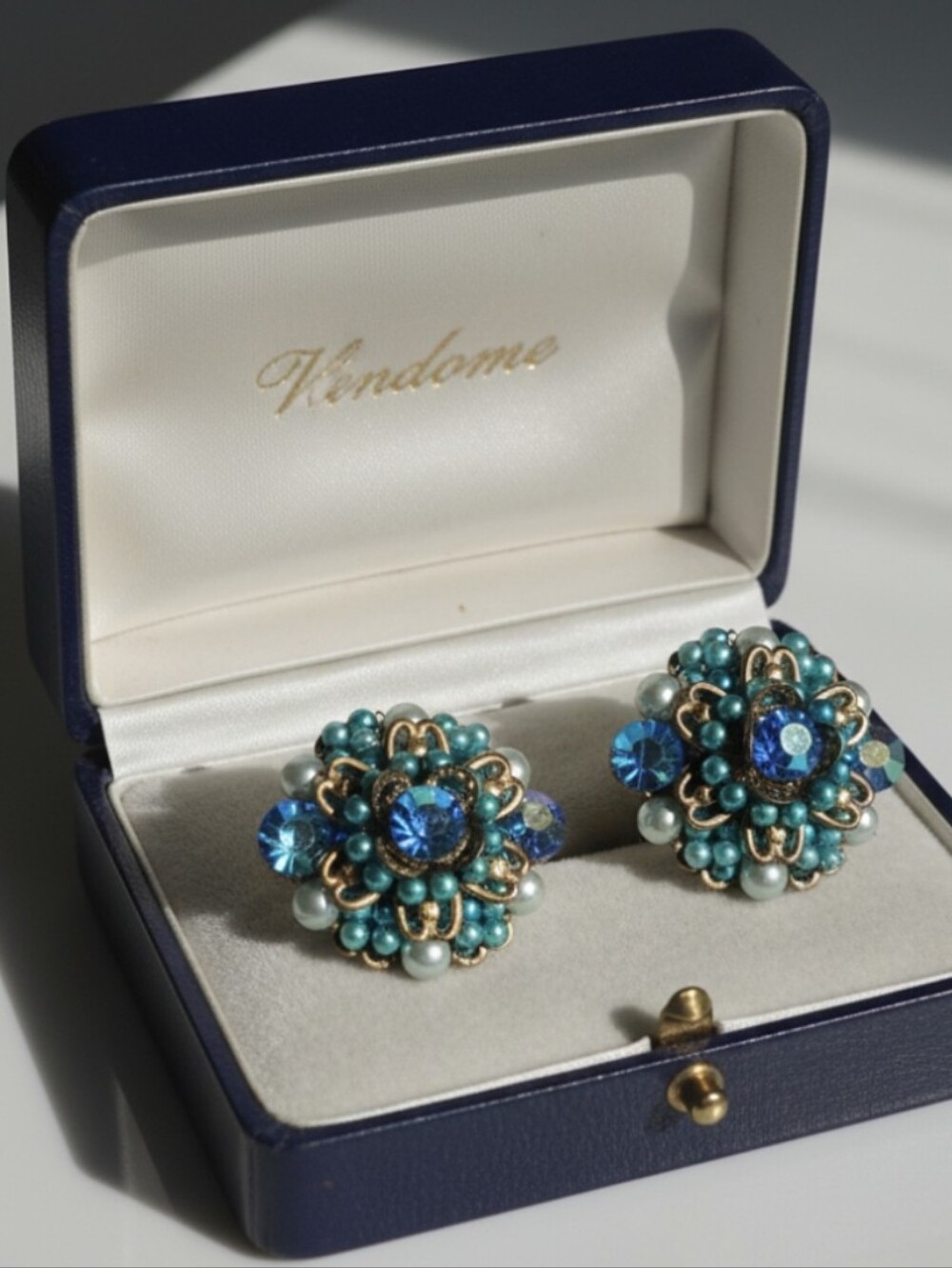 Vintage Vendome Signed Rhinestone Cluster Clip on Earrings